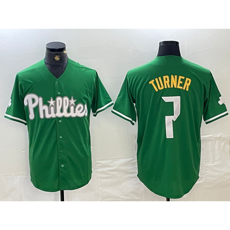 Rebec Philadelphia Phillies #7 Trea Turner Kelly Green  Cool Base Jersey