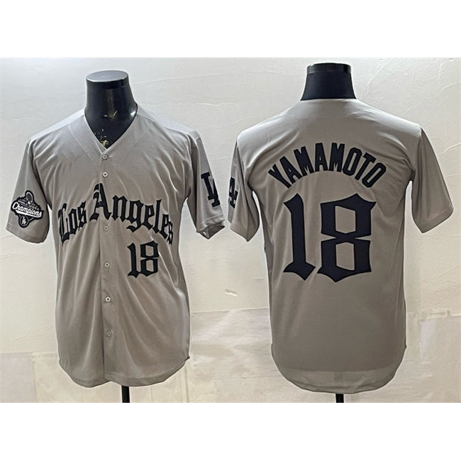 Rebec Los Angeles Dodgers #18 Yoshinobu Yamamoto Grey  LA Gothic Style With 2025 World Series Champions Patch Limited Stitched Jersey