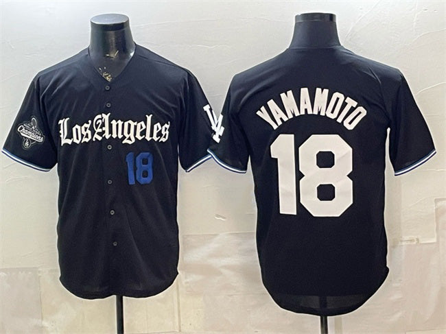 Rebec Los Angeles Dodgers #18 Yoshinobu Yamamoto Black  2025 World Series Champions Patch 'Gothic Edition' Vapor Premier Limited Stitched Jersey