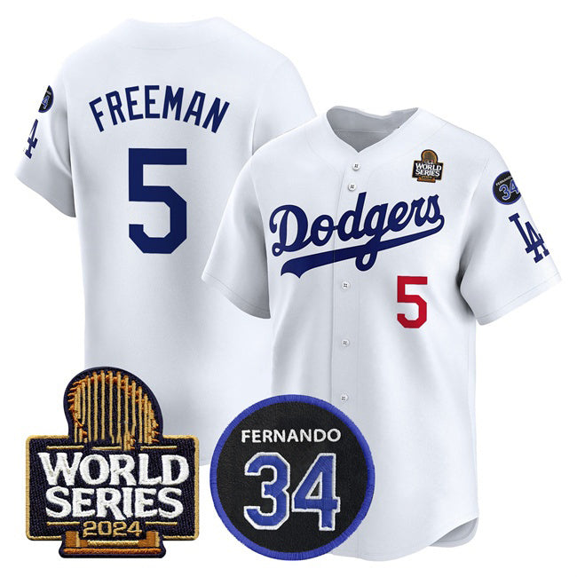 Rebec Los Angeles Dodgers #5 Freddie Freeman White  2024 World Series With Fernando Memorial Patch Limited Stitched Jersey