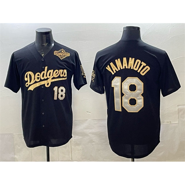 Rebec Los Angeles Dodgers #18 Yoshinobu Yamamoto Black Gold  2025 World Series Patch Limited Stitched Jersey
