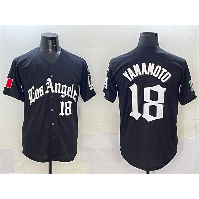 Rebec Los Angeles Dodgers #18 Yoshinobu Yamamoto Black  Mexico 2025 LA Gothic Style With Fernando Patch Vapor Premier Limited Stitched Jersey