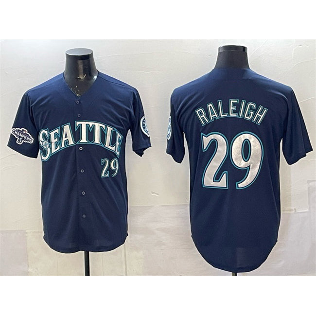 Rebec Seattle Mariners #29 Cal Raleigh Navy  With 2025 AL West Division Champions Patch Limited Stitched jersey