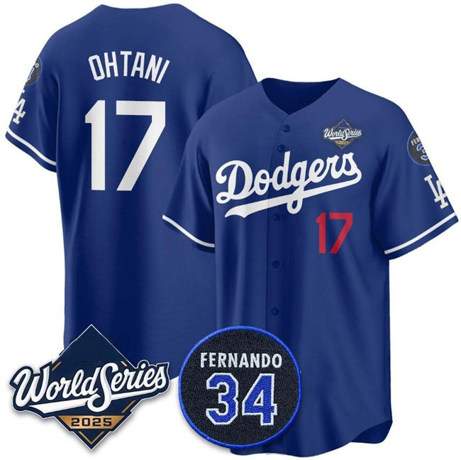 Rebec Los Angeles Dodgers #17 Shohei Ohtani Royal  2025 World Series With No.34 Patch Limited Stitched Jersey