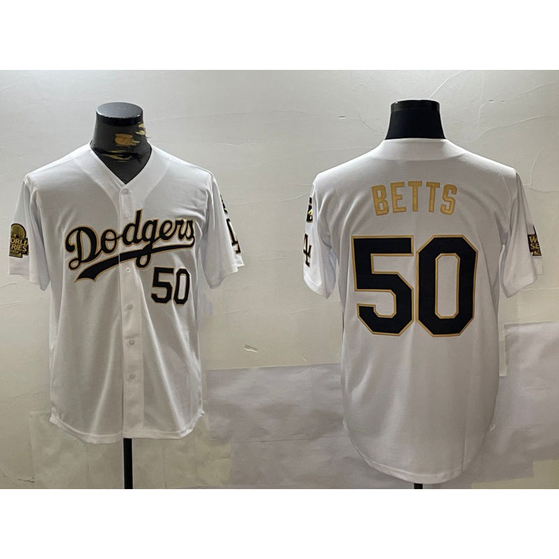 Rebec Los Angeles Dodgers #50 mookie betts white gold  2024 world series with fernando memorial patch limited stitched jersey