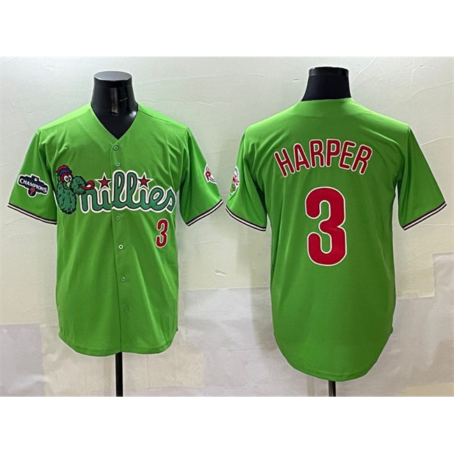 Rebec Philadelphia Phillies #3 Bryce Harper Light Green  Phanatic With 2024 Division Champions Patch Limited Stitched Jersey