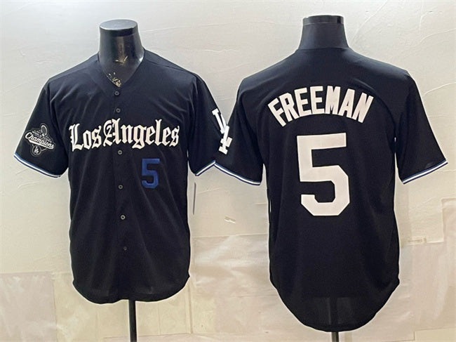 Rebec Los Angeles Dodgers #5 Freddie Freeman Black  2025 World Series Champions Patch 'Gothic Edition' Vapor Premier Limited Stitched Jersey