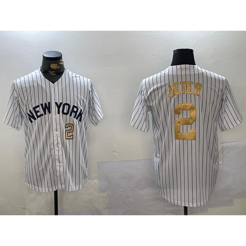 Rebec New York Yankees #2 Derek Jeter White  Pinstripe Fashion Cool Base Jerseys