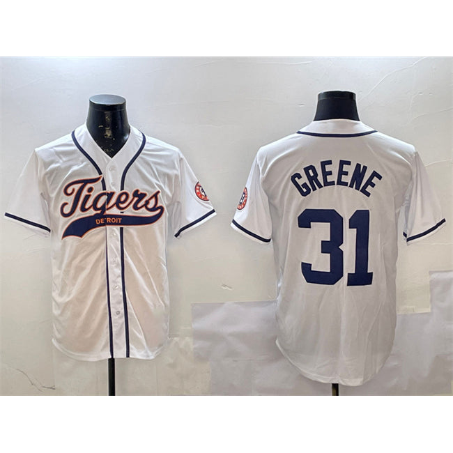 Rebec Detroit Tigers #31 Riley Greene White  With Patch Cool Base Stitched Jersey