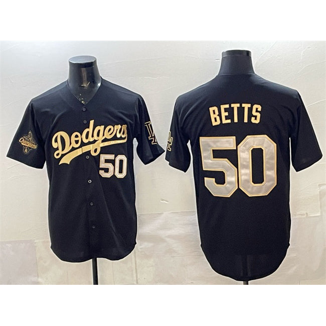 Rebec Los Angeles Dodgers #50 Mookie Betts Black Gold  2025 World Series Champions Patch Limited Stitched Jersey