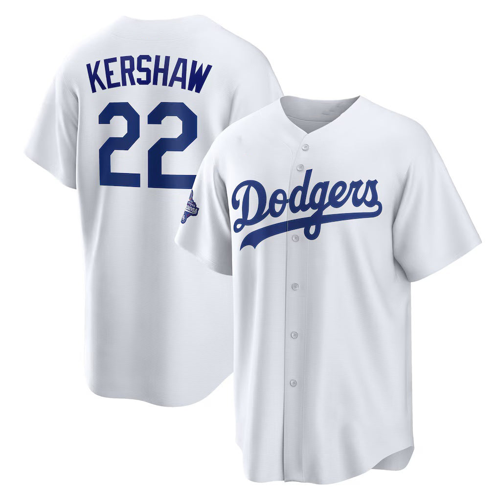 Rebec Los Angeles Dodgers #22 Clayton Kershaw White  Home 2025 World Series Champions Replica Jersey