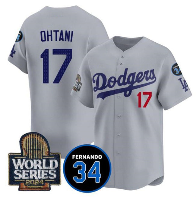 Rebec Los Angeles Dodgers #17 Shohei Ohtani Grey  2024 World Series With Fernando Memorial Patch Limited Stitched Jersey