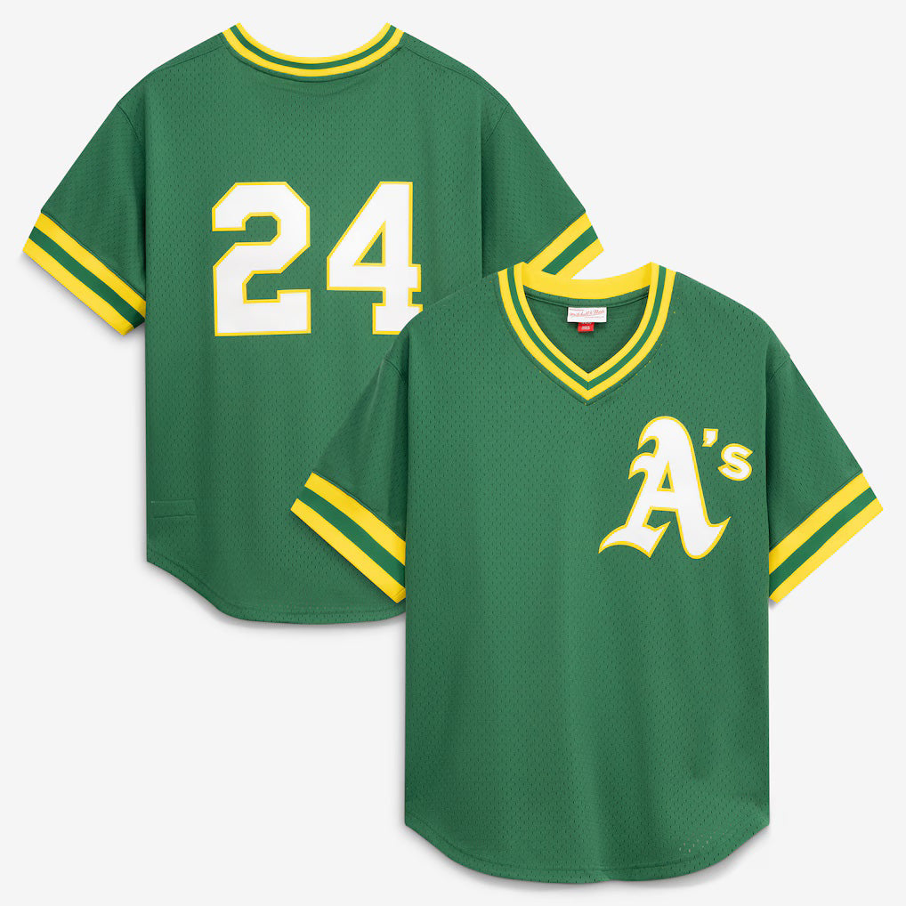 Rebec Oakland Athletics  #24 Rickey Henderson Mitchell & Ness Green  Authentic Batting Practice Jersey 2