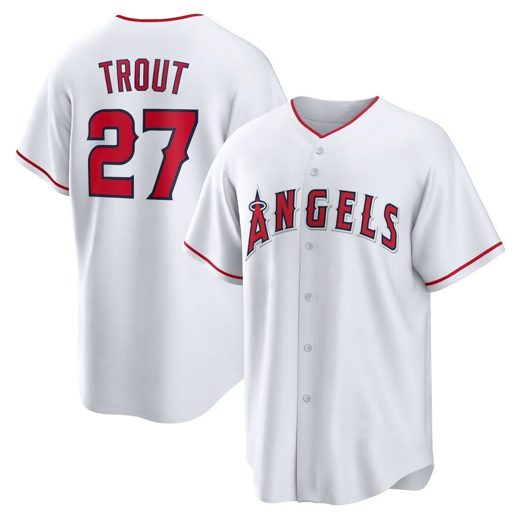 Rebec Los Angeles Angels #27 Mike Trout White  Home Replica Player Name Jersey