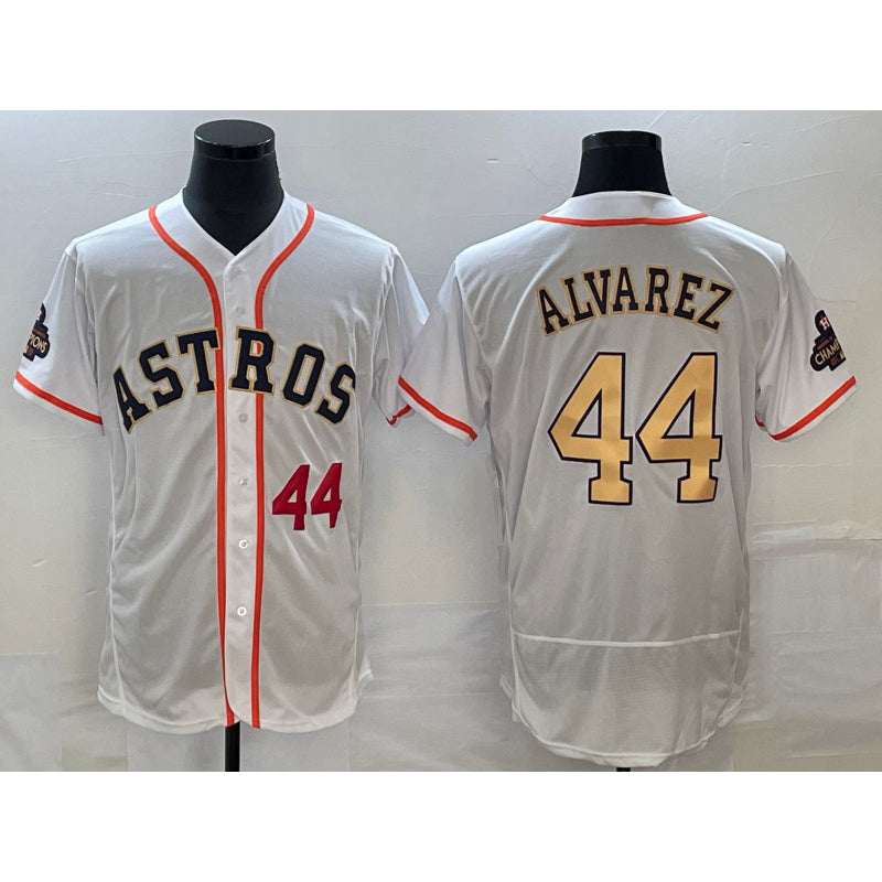Rebec Houston Astros #44 Yordan Alvarez Number 2023 White Gold  World Serise Champions Patch Flex Base Stitched Jersey