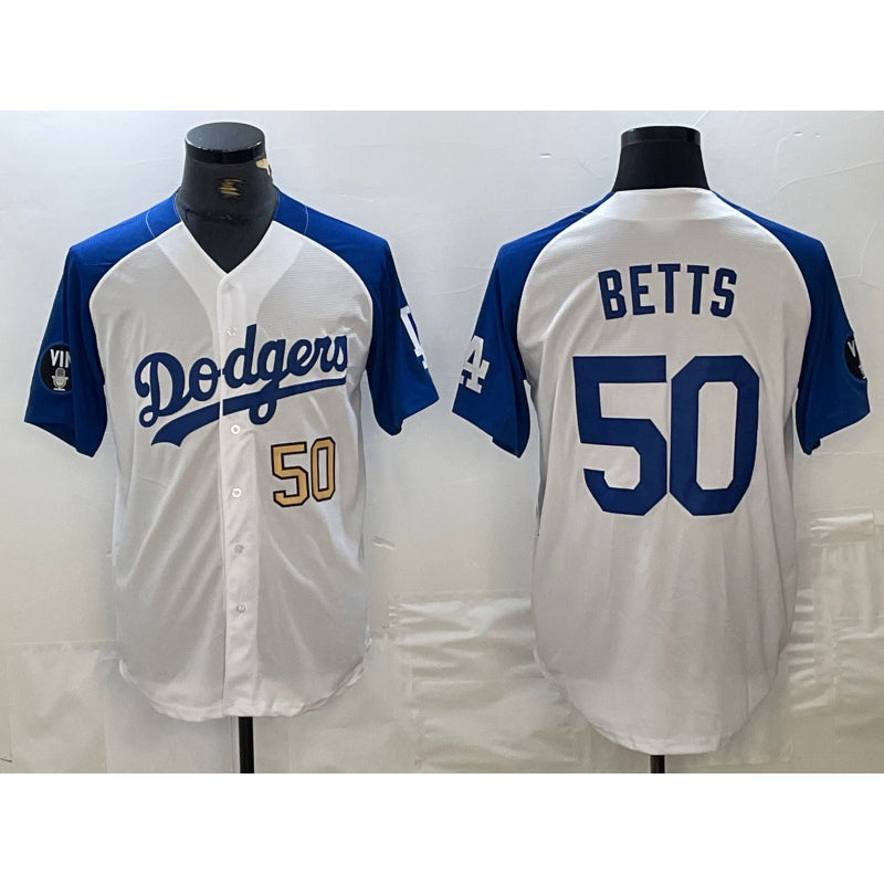 Rebec Los Angeles Dodgers #50 Mookie Betts Number White Blue  Fashion Stitched Cool Base Limited Jersey 3