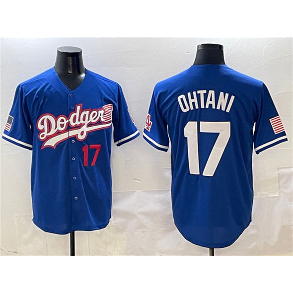Rebec Los Angeles Dodgers #17 Shohei Ohtani Royal  With American Flag Patch Limited Stitched Jersey